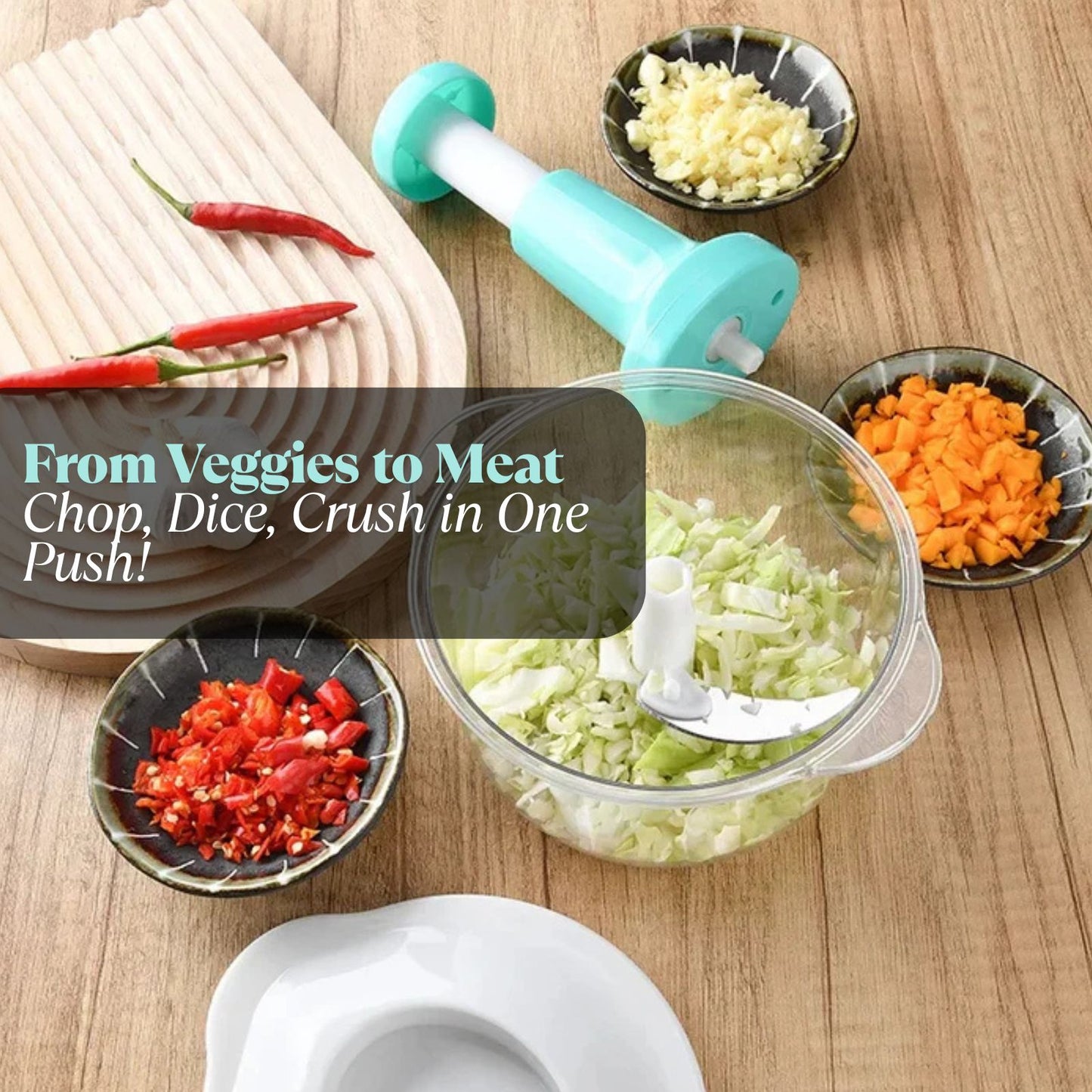 Multifunctional Manual Hand Push Chopper For Vegetables & Meat 2L, Get 3 Cutting Blades