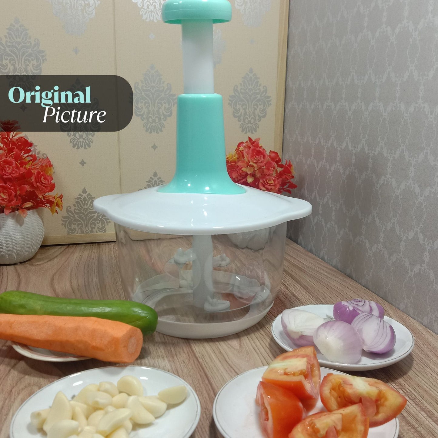 Multifunctional Manual Hand Push Chopper For Vegetables & Meat 2L, Get 3 Cutting Blades