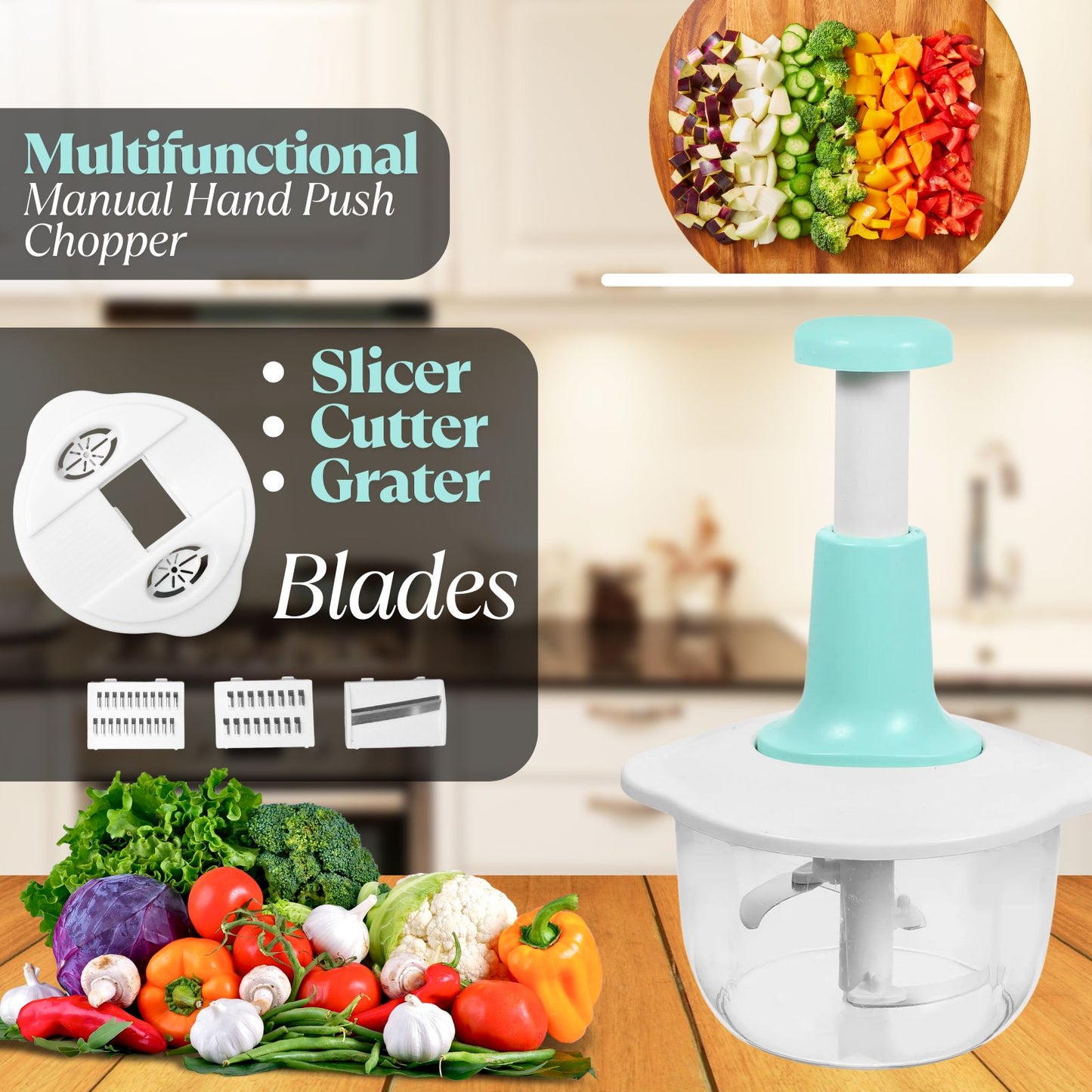 Multifunctional Manual Hand Push Chopper For Vegetables & Meat 2L, Get 3 Cutting Blades