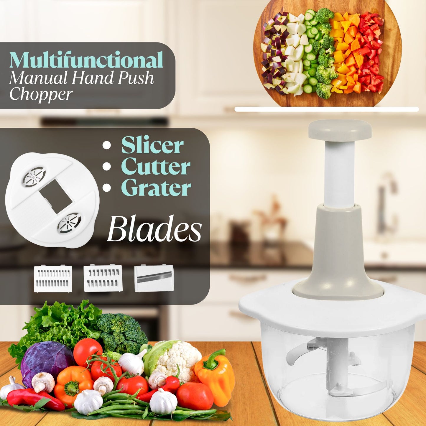 Multifunctional Manual Hand Push Chopper For Vegetables & Meat 2L, Get 3 Cutting Blades
